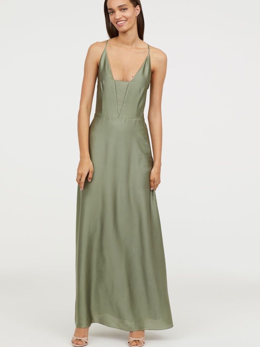 H&M Dusty Olive Satin Slip Maxi Dress with Spaghetti Straps